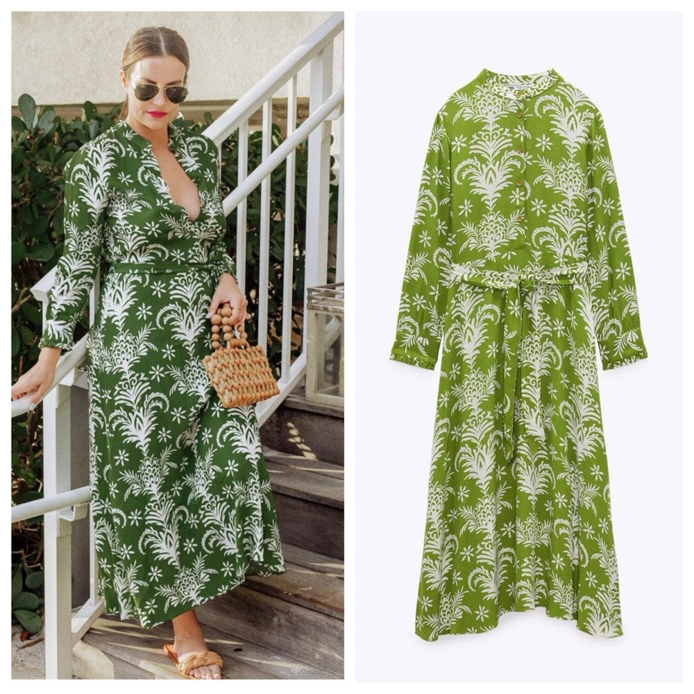 🚫SOLD🚫ZARA WOMAN MIDI BELTED PRINTED DRESS FLOWY GREEN | 5216/046 | SIZE: MED - Picture 5 of 7
